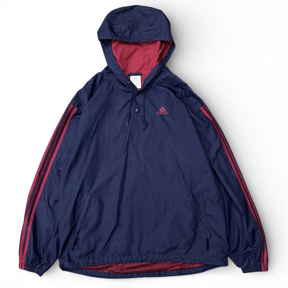 Vintage Y2K Adidas Windbreaker Zip Jacket Hooded Navy Blue Red 3 Stripe 1/4 L